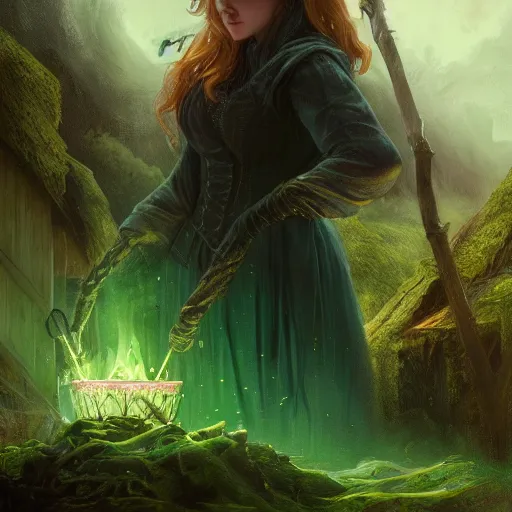 Image similar to Epic portrait an witch brewing green liquid from cauldron, Blurry cabin backround, glowing, digital painting, artstation, concept art, soft light, hdri, smooth, sharp focus, illustration, fantasy, intricate, elegant, highly detailed, D&D, matte painting, in the style of Greg Rutkowski and Alphonse Mucha and artemisia, 8k, highly detailed, jurgens, rutkowski, bouguereau, pastoral, rustic, georgic