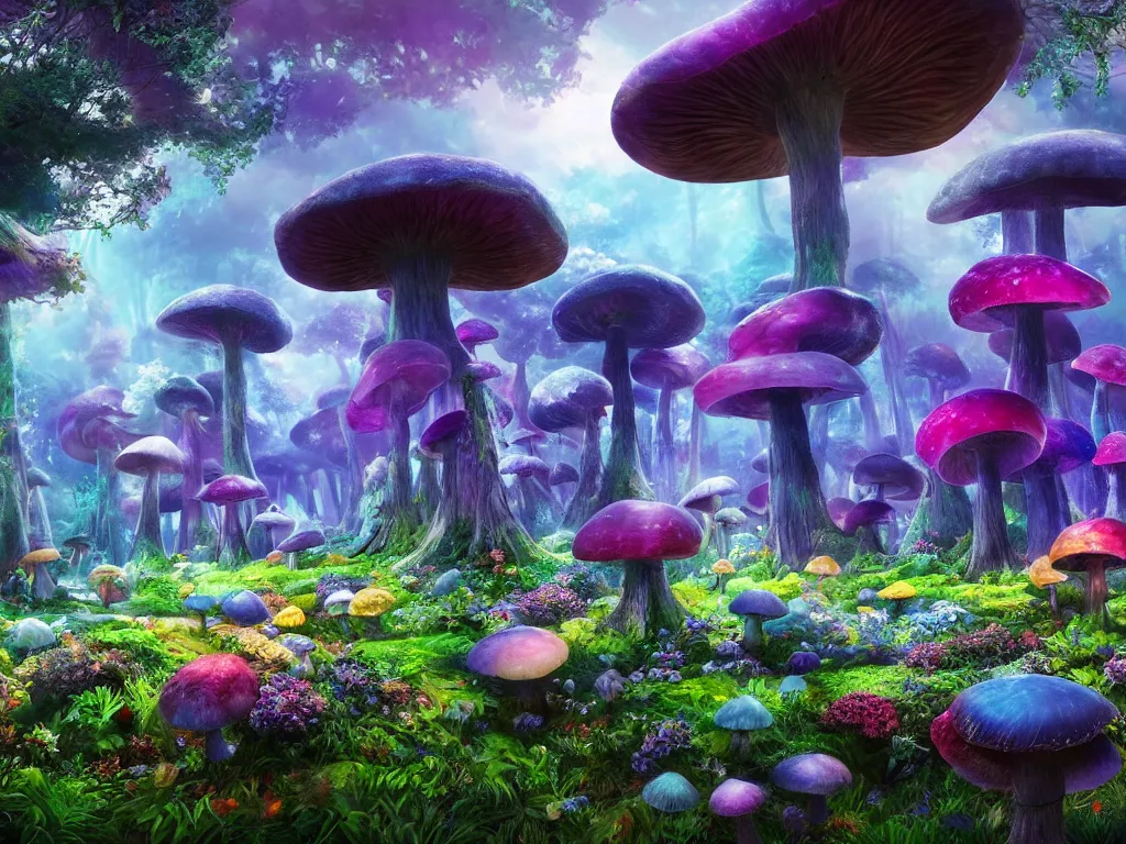 Image similar to a beautiful otherworldly fantasy landscape of giant mushrooms like trees forming canopies over bright colorful mythical sprouted floral plants and colorful foliage on the ground, like alice in wonderland, extreme detail, studio ghibli and pixar and abzu, rendering, cryengine, deep colors, purple and blue and green colors, vray render, cgsociety, bioluminescent