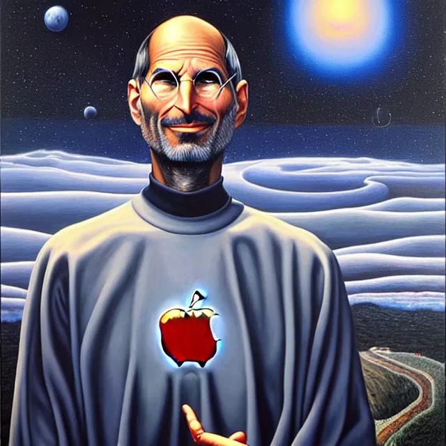 Image similar to an oil on canvas portrait painting of steve jobs in a surreal environment, surrealism, surrealist, cosmic horror, rob gonsalves, high detail