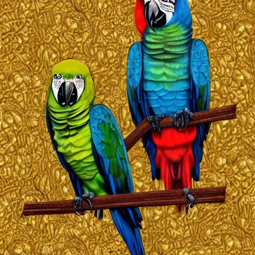 Image similar to parrots dressed in rapper clothes, sitting on golden trees, rap scene, trending on artstation, highly detailed, digital art, 8 k