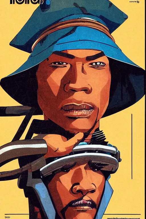 Image similar to 1 9 7 9 omni magazine cover of kianu reeves in a samurai hat. piercing gaze. simple stylized cyberpunk photo by josan gonzalez.