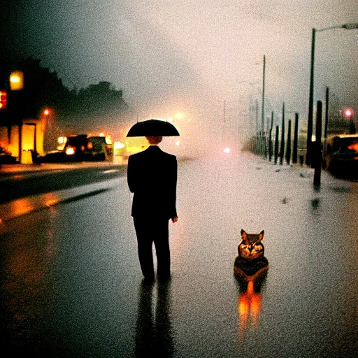 Prompt: bridge of san francicso photography,night,rain,mist, cute little anthropomorphic cat wearing a suit back from work, cinestill 800t, in the style of William eggleston