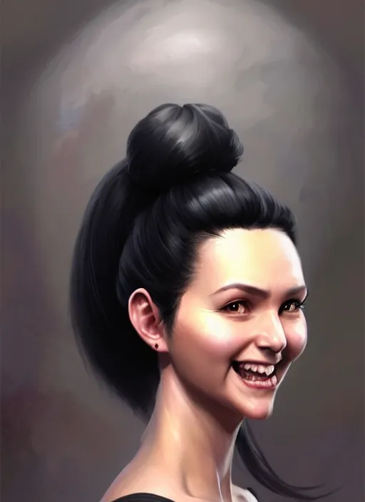 Image similar to a _ fantasy _ style _ portrait _ painting _ of woman, ponytail black hair, smile, round face, engineer rpg dnd oil _ painting _ unreal _ 5 _ daz. _ rpg _ portrait _ extremely _ detailed _ artgerm _ greg _ rutkowski _ greg