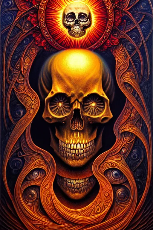 Image similar to A beautiful detailed death sun godness, tarot card, by tomasz alen kopera and Justin Gerard, symmetrical features, ominous, magical realism, texture, intricate, ornate, royally decorated, skull, skeleton, whirling smoke, embers, red adornements, red torn fabric, radiant colors, fantasy, trending on artstation, volumetric lighting, micro details, 3d sculpture, ray tracing, 8k, anaglyph effect