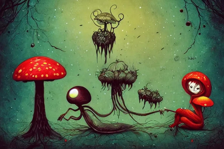 Image similar to Alice meets a Caterpillar that teaches her to eat mushroom to control her size, biomechanoid, sci-fi, dramatic, art style Megan Duncanson and Benjamin Lacombe, super details, dark dull colors, ornate background, mysterious, eerie, sinister