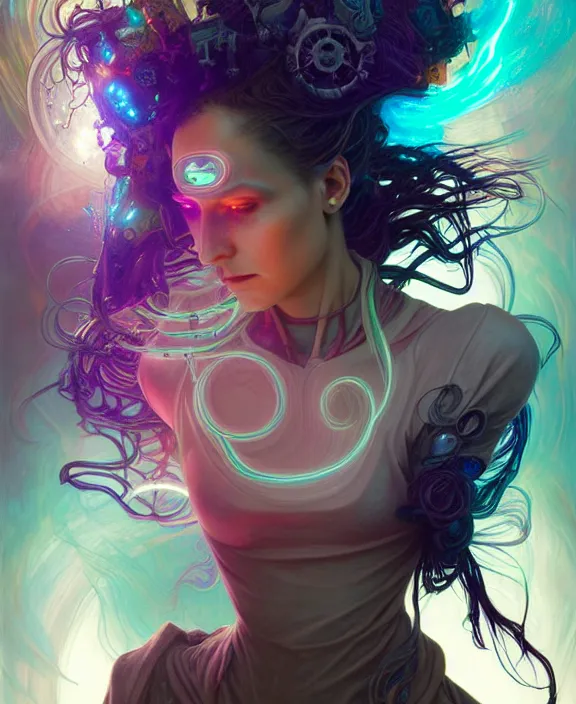 Image similar to a whirlwind of souls rushing inside the metaverse, half body, jewelry, hologram, dreads, android, cyborg, cyberpunk face, by loish, d & d, fantasy, intricate, elegant, highly detailed, colorful, vivid color, digital painting, artstation, concept art, art by artgerm and greg rutkowski and alphonse mucha