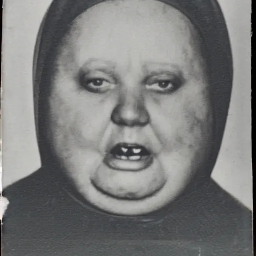 Image similar to antique photograph of an evil catholic nun, cracked and faded photo paper, morbidly obese, crazy eyes wide open, horror, staring at the camera, headshot, dark background, low light, dark