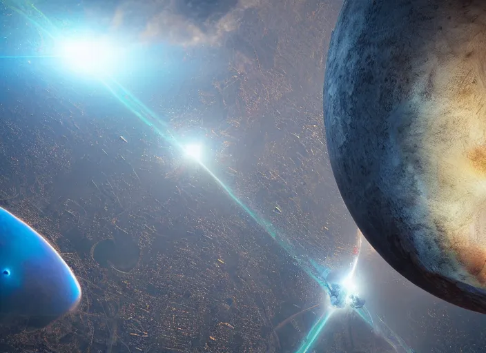 Prompt: a large object flying over the earth, a detailed matte painting by neil blevins, trending on cg society, space art, reimagined by industrial light and magic, imax, anamorphic lens flare