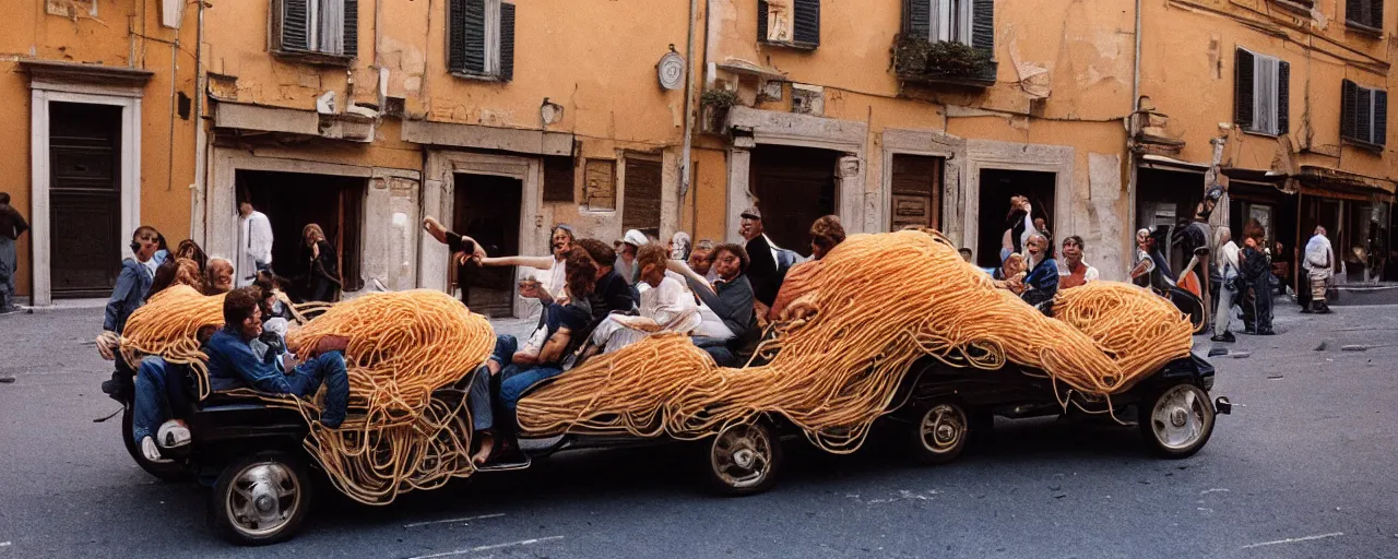 Image similar to a group of people on the streets of rome riding in a car made of spaghetti, canon 5 0 mm, cinematic lighting, photography, retro, film, kodachrome