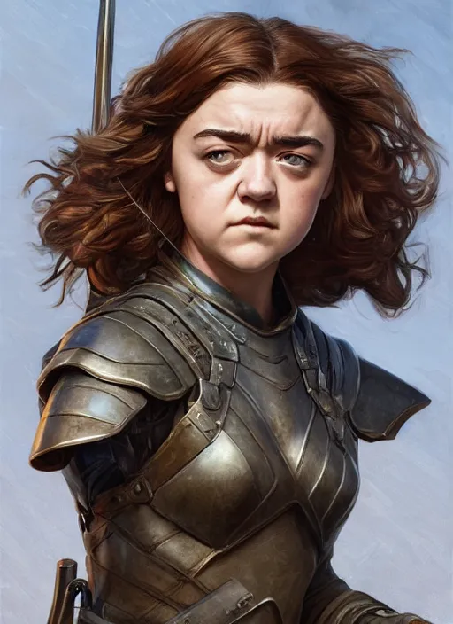 Prompt: angry Maisie Williams leading the charge as a ruggedly muscled handsome heroine, intricate, elegant, highly detailed, centered, digital painting, artstation, concept art, smooth, sharp focus, illustration, artgerm, donato giancola, Joseph Christian Leyendecker, WLOP, Artgerm