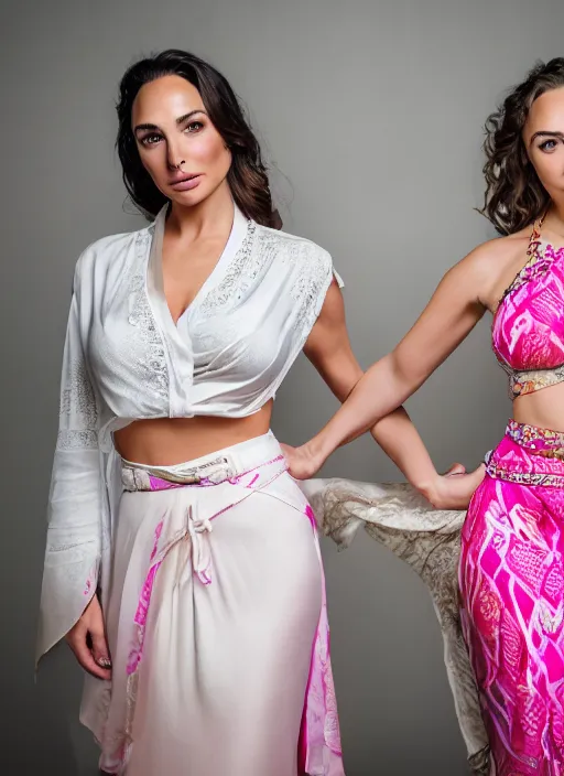 Image similar to portrait of lindsey pelas and gal gadot wearing white kebaya with batik skirt and pink silk belt, by charlotte grimm, natural light, detailed face, beautiful features, symmetrical, canon eos c 3 0 0, ƒ 1. 8, 3 5 mm, 8 k, medium - format print, half body shot