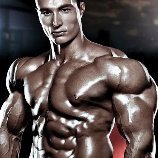 Prompt: a realistic detailed photo of a bodybuilder who is also a male android andrei deiu, shiny skin, posing robotically, blank stare