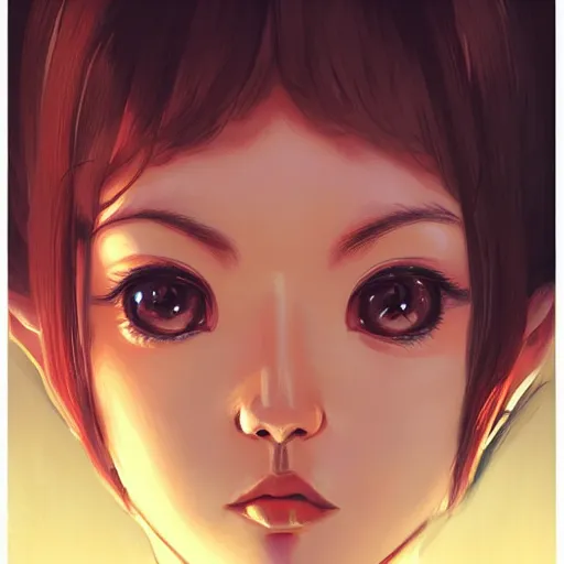 Image similar to A potrait of an alien with big and cute eyes, fine-face, realistic shaded perfect face, fine details. Night setting. Very anime style. Realistic shaded lighting poster by Ilya Kuvshinov katsuhiro, magali villeneuve, artgerm, Jeremy Lipkin and Michael Garmash, Rob Rey and Kentarõ Miura style, trending on art station