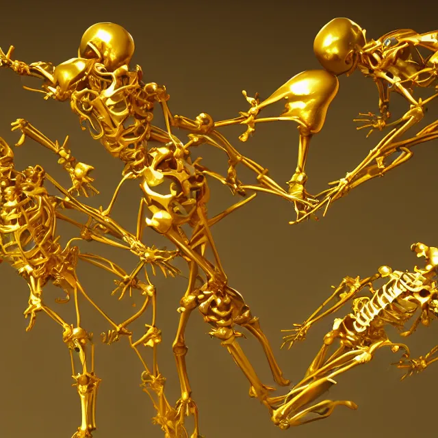 Prompt: golden skeleton fragmented into tiny pieces, 3d render, 4k, artstation