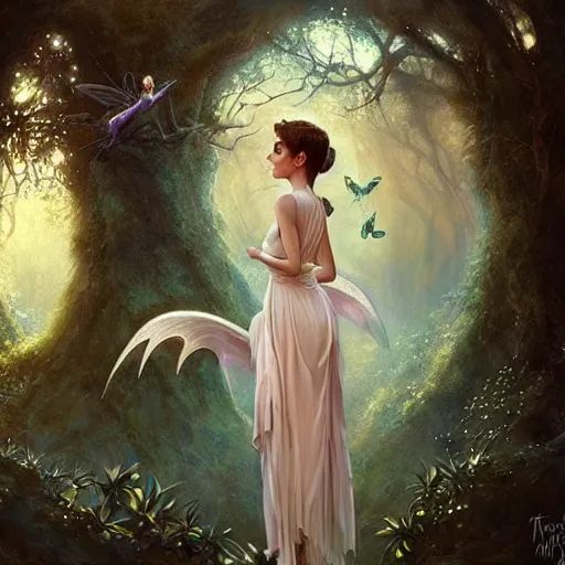 Prompt: audrey hepburn as a winged fairy in a fantasy forest, various backgrounds, highly detailed, digital painting, artstation, matte, illustration, art by artgerm, greg rutkowski, tom bagshaw