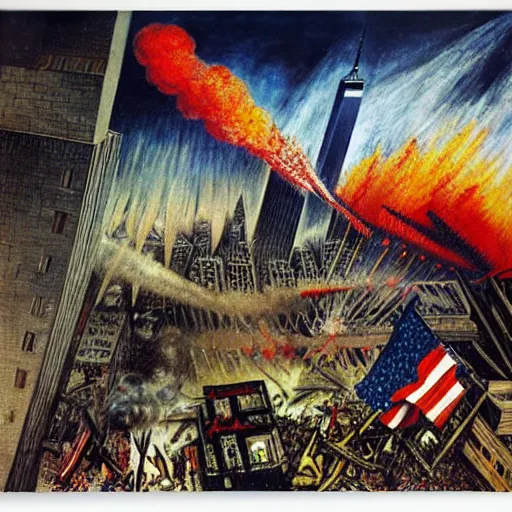 Image similar to 9 / 1 1 attack by otto dix, hyperrealistic, aesthetic, masterpiece