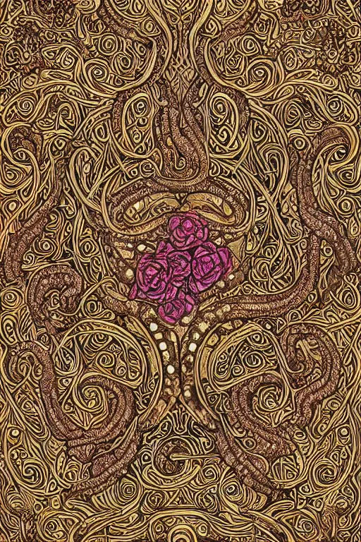Image similar to an intricate background design with deep and intricate rune stones and rubies bursting flowers, and twisting intricate golden linework lovecraftian by dan mumford, atomic stars, digital art, photorealistic, highly detailed, intricate