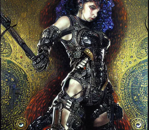 Image similar to cybernetic female supersoldier armed with laser rifle battling demon, intricate detail, klimt, royo, whealan,