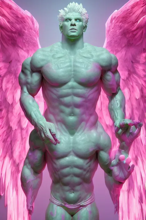 Image similar to photo of fullbody rococo delicate neon pink sculpture of a hulking herculean muscular onyx albino marble brock lesnar as an iridescent humanoid deity, angelic halo, wings, sunrays, cinematic lighting, photorealistic, octane render, 8 k, depth of field, 3 d