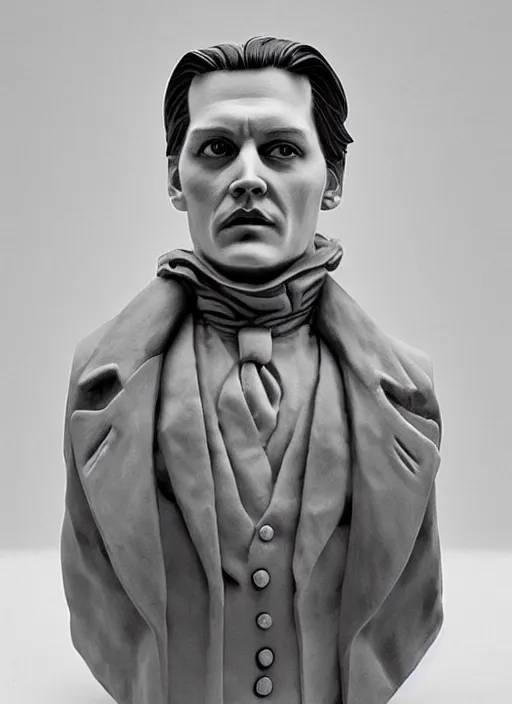 Prompt: an orthographic bust white marble sculpture of johnny depp, by Wes Anderson