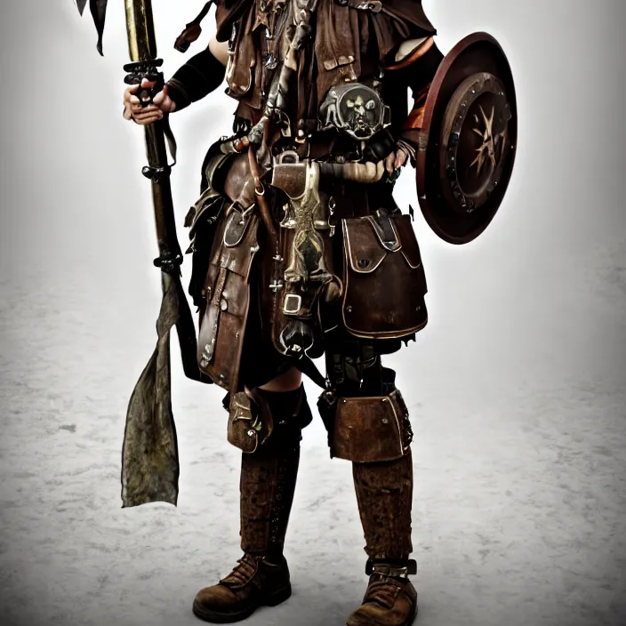 Prompt: professional full length photograph of a dieselpunk warrior. Extremely detailed. 8k