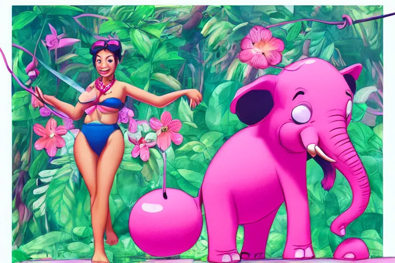 Prompt: cartoon elephant wearing a fuchsia bikini walking a tightrope, thick jungle, luscious flowers, whimsical, cinematic, trending on artstation, photorealistic, by Disney