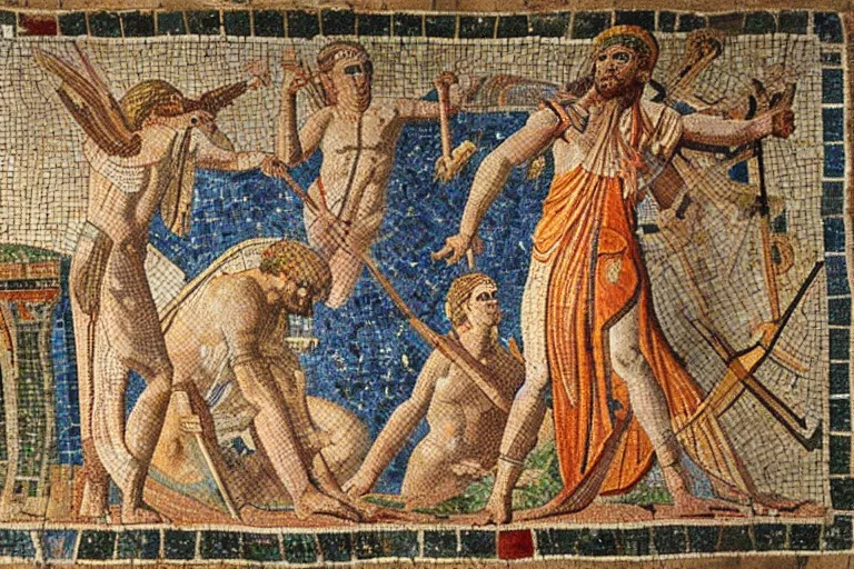 Prompt: ancient roman mosaic of the god mars with a spear