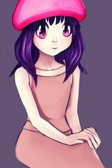 Image similar to a little girl wearing a mushroom hat in dress sitting | | purple curvy hair, pretty face, fine details, digial art by lois van baarle, anatomically correct, perfect composition, symmetrical, fantastic, clean details, anime character, extremely detailed