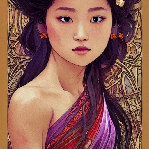 Image similar to Watercolor painting style, beautiful Thai girl by kittichai rueangchaichan, floralpunk, Artstation, art nouveau aesthetic, Alphonse Mucha background, intricate details, photo realistic, dramatic