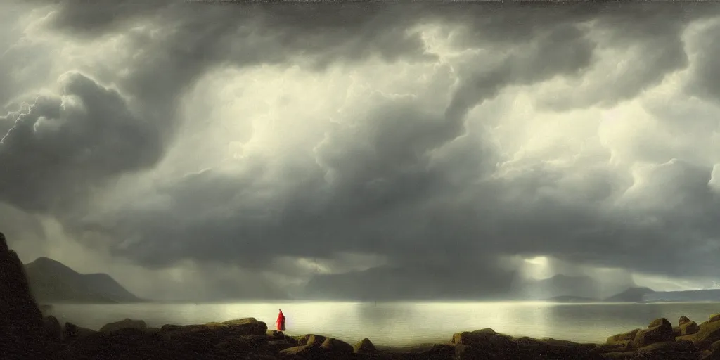 Image similar to a princess, big monster, snowy fjord, storm clouds, dramatic lighting, hudson river school, afternoon