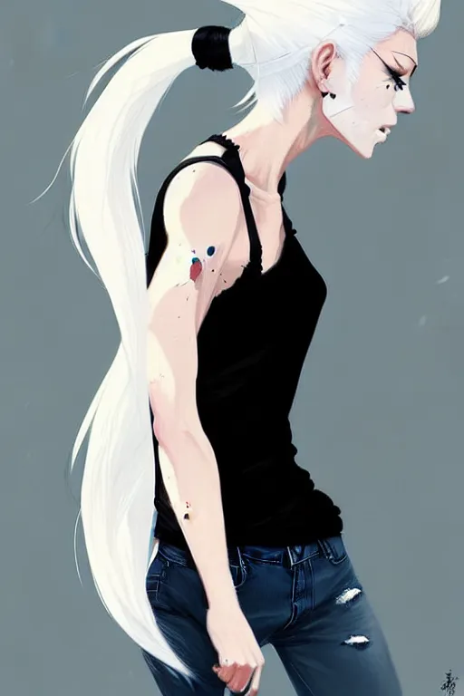 Image similar to a ultradetailed beautiful painting of a stylish woman in with white hair in a ponytail, she is wearing a black tank top and jeans, by conrad roset, greg rutkowski and makoto shinkai trending on artstation