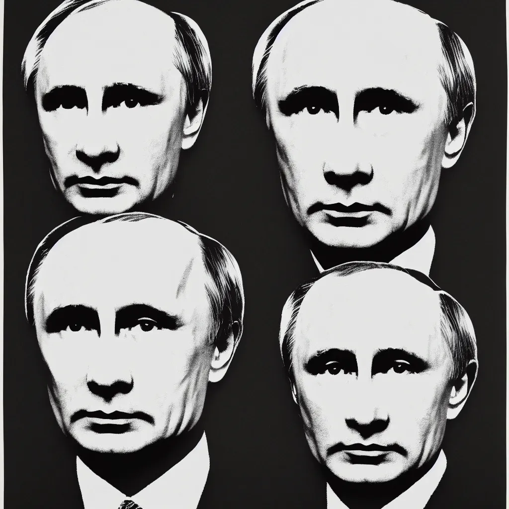 Image similar to individual silk screen portrait of putin by andy warhol