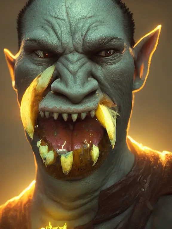 Image similar to portrait art of an orc using a (((((banana as a phone))))), 8k ultra realistic , lens flare, atmosphere, glow, detailed, intricate, full of colour, cinematic lighting, trending on artstation, 4k, hyperrealistic, focused, extreme details, unreal engine 5, cinematic, masterpiece