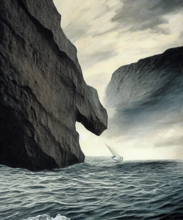 Image similar to photorealistic painting of a 1 9 2 5 seiner sailing near a short tropical cliff with the mouth of a sea cave at the waterline, dark, brooding, atmospheric, lovecraft, horror, smooth, epic, highly detailed, cinematic, by robert bateman