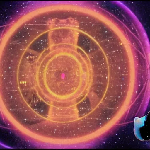 Image similar to a cat getting lost in the stargate sequence, 2 0 0 1 a space oddysey style