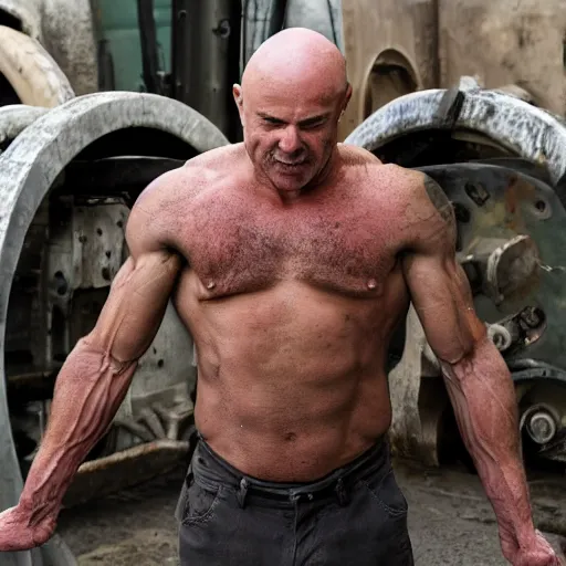 Image similar to a muscular bald man with engines on his back and drainage pipes from his arms, diesel engine, gasoline engine, combustion engine, high definition photograph
