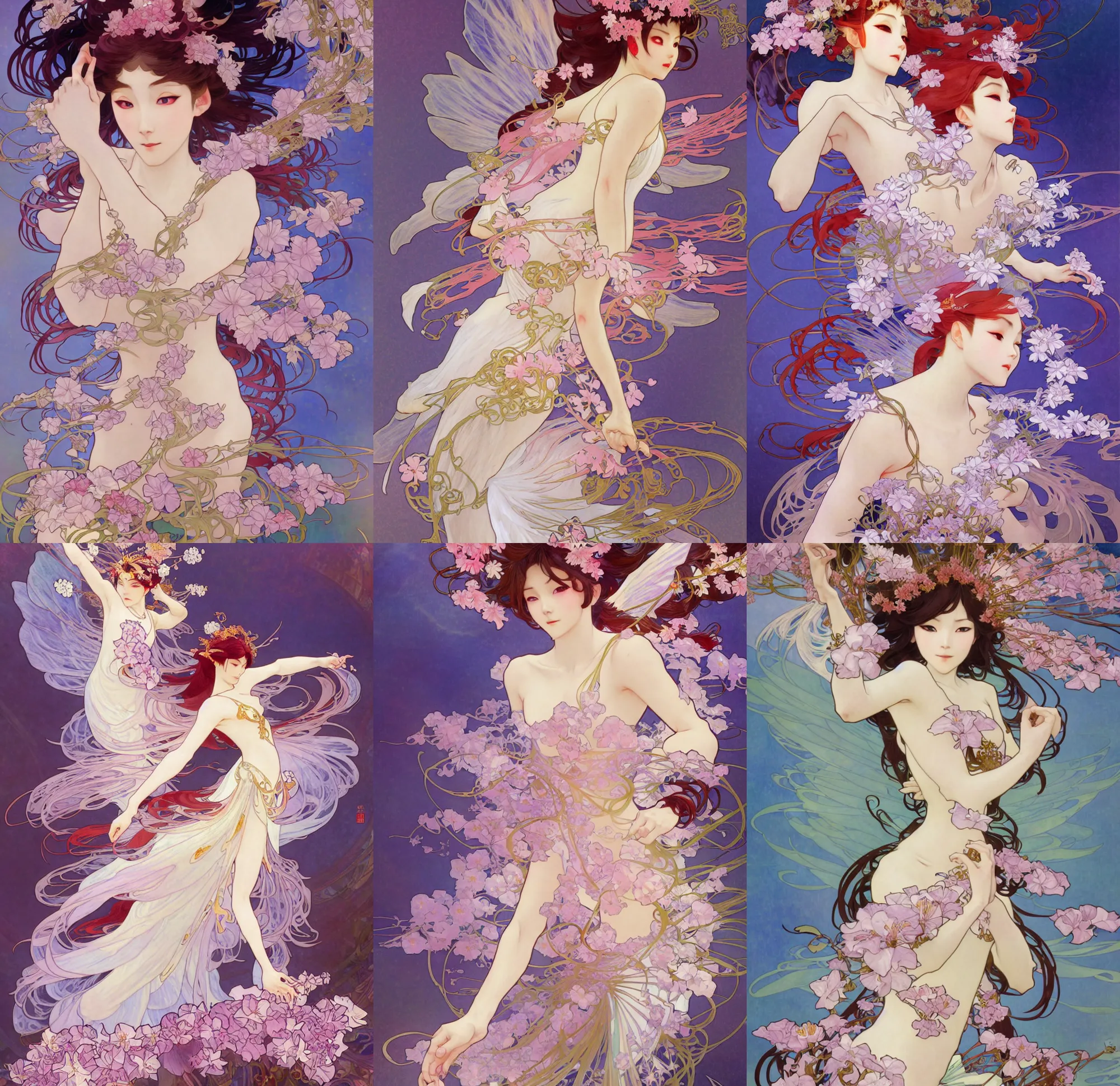 Prompt: deco art by illustrator at riot games, kathi langley, john singer sargent, yoshitaka amano, alfons mucha and makoto shinkai. chinese fairy goddess, character concept, full body, hyper detailed, dynamic pose, intricate, lily flowers. 8 k