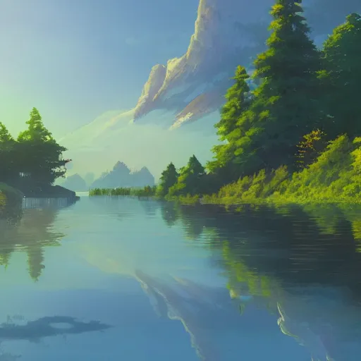 Image similar to a masterpiece detailed beautiful landscape, trees, lake, mountains, golden hour, sunset, by Makoto Shinkai
