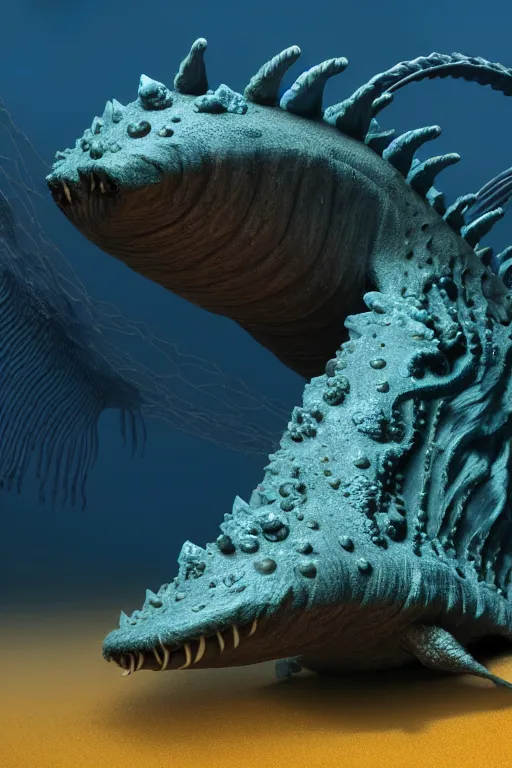 Prompt: a deepsea monster creature bio fauna by neville page, ken barthelmey, carlos huante and doug chiang, sharp focus, trending on artstation, hyper realism, octane render, 8 k, hyper detailed, ultra detailed, highly detailed, zbrush, concept art, creature design