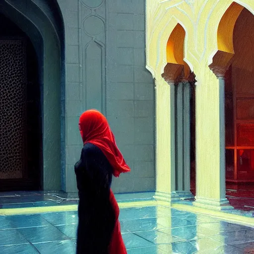 Prompt: action moment, detailed portrait of a woman, courtyard, capital, cyberpunk mosque interior, control panel, watcher, omniscient, tech noir, wet reflections, impressionism, atmospheric, ambient, speed painting, livia prima, edward hopper