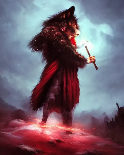 Image similar to oil painting of Anthropomorphized Wolf Shaman holding magic staff, evil grin, wearing red fur cloak, sharp focus, lightning storm background, magical aura, heroic pose, fantasy style, octane render, volumetric lighting, 8k high definition, by greg rutkowski, highly detailed, trending on art Station, magic the gathering artwork, Lightning storm background, centered, dramatic artwork