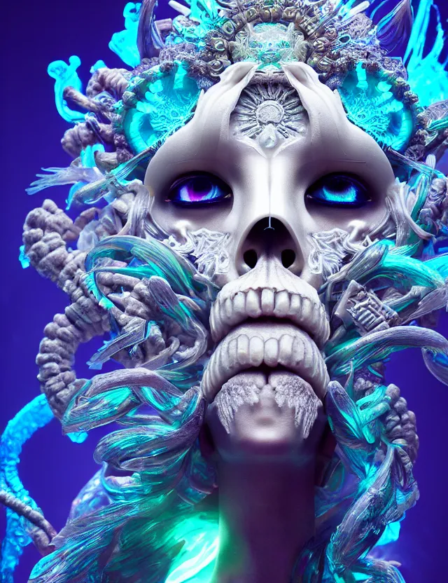 Prompt: goddess macro close - up portrait with mask made of ram skull. betta fish, jellyfish phoenix, bioluminiscent, plasma, ice, water, wind, creature, super intricate ornaments artwork by tooth wu and wlop and beeple and greg rutkowski