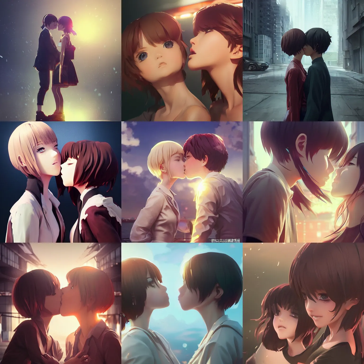 Image similar to worksafe. instagram photo. insanely detailed. by wlop, ilya kuvshinov, krenz cushart, greg rutkowski, pixiv. zbrush sculpt, octane, maya, houdini, vfx. close - up, two anime girls kiss. in luxury advertisement. cinematic dramatic atmosphere, sharp focus, volumetric lighting