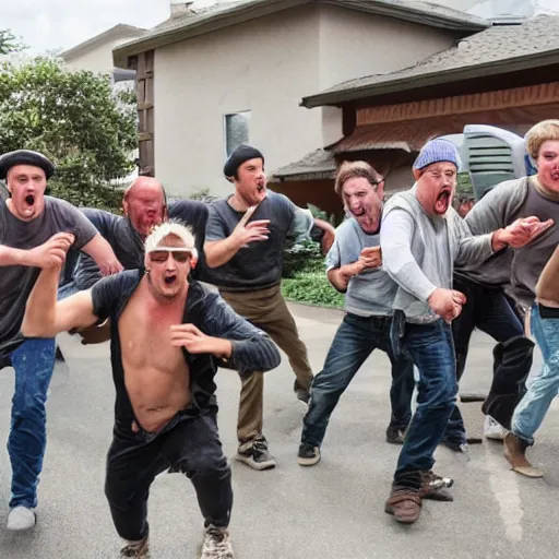 Image similar to a group of crazy dudes come storming at you