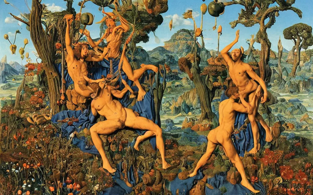 Image similar to a portrait photograph of a meditating satyr and a centaur monk riding a rocket machine and hunting at a river delta. surrounded by bulbous flowers and trees. mountain range under a blue sky of fiery stars. by jan van eyck, max ernst, ernst haeckel, ernst fuchs and artgerm, cgsociety, fashion editorial, 8 k