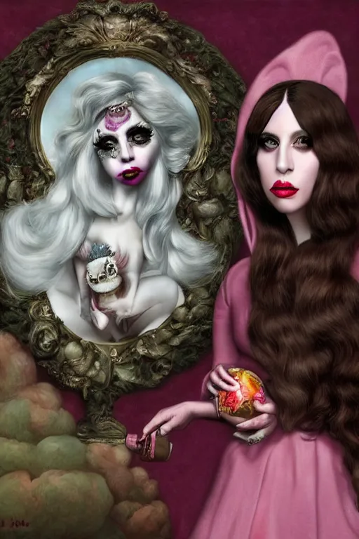 Image similar to lady gaga with bunny, lowbrow, matte painting, 3 d highly detailed, in the style of mark ryden