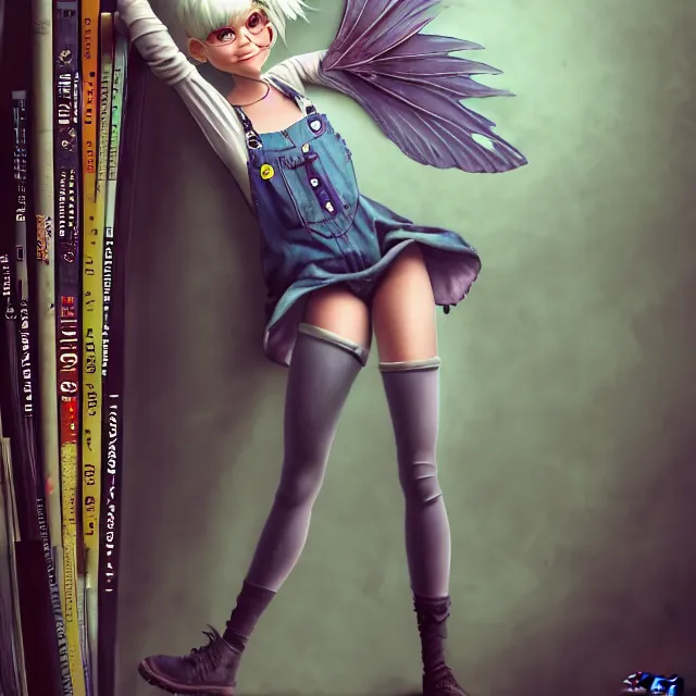 Image similar to full body pose, beautiful adult fairy, pixar, short white hair shaved sides, dirty, grungy, grunge, long sleeve, painted overalls, stacks of giant books, by sakimichan, highly detailed, 4 k, hdr, smooth, sharp focus, high resolution, award - winning photo, artgerm, photorealistic