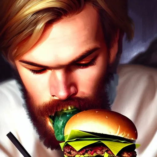 Image similar to Pewdiepie eating a burger, closeup, D&D style, fantasy, intricate, elegant, highly detailed, digital painting, artstation, concept art, matte, sharp focus, illustration, art by Artgerm and Greg Rutkowski and Alphonse Mucha