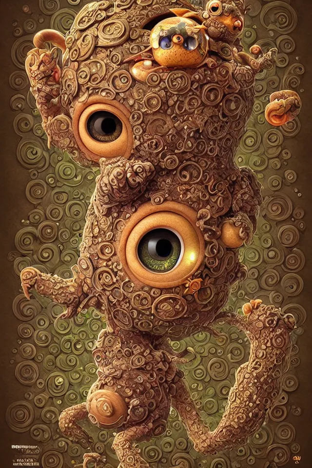 Image similar to an intricate cute monster by kokaris, naoto hattori, moebius and android jones