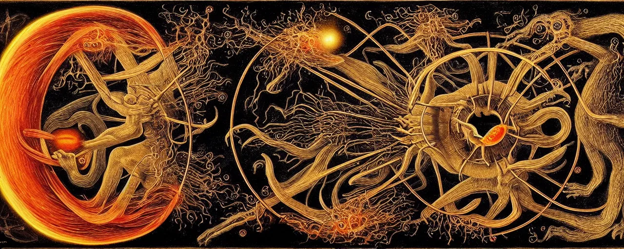 Image similar to a strange fire creature with endearing eyes radiates a unique canto'as above so below'while being ignited by the spirit of haeckel and robert fludd, breakthrough is iminent, glory be to the magic within, in honor of saturn, painted by ronny khalil